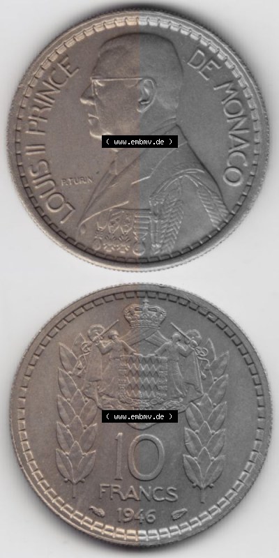 Münzen Monaco Umlaufmünze 1946-1946, 10 Fr, Francs, Franken, Louis II Prince de Monaco, Münzseiten Untereinander als Bildmaterial Sammlung