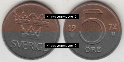 Münzen Schweden Umlaufmünze 1972-1973, 5 Öre 1972, Bild mit Vollansicht als Bildmaterial Sammlung