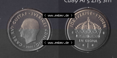 Münzen Schweden Umlaufmünze 2001-2012, 1 Krone 2001 KMS, Bild mit Vollansicht als Bildmaterial Sammlung