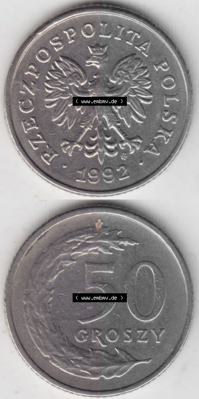 Münzen Polen Umlaufmünze 1990-2016, 50 Groszy 1992, Münzseiten Untereinander als Bildmaterial Sammlung