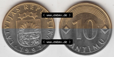 Münzen Lettland Umlaufmünze 1992-2008, 10 Santimu 1992, Bild mit horizontaler Vollansicht als Bildmaterial Sammlung
