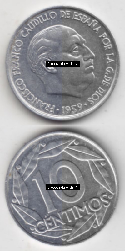 Münzen Spanien Umlaufmünze 1959-1959, 10 Centimos 1959, Münze aus Spanien, Umlaufmünze / aus Zahlungsverkehr mit Münzseiten... Sammlung