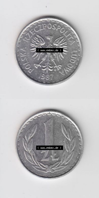 Münzen Polen Umlaufmünze 1986-1988, 1 Zloty 1987, Münzseiten Untereinander als Bildmaterial Sammlung