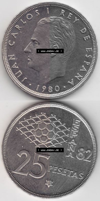 Münzen Spanien Umlaufmünze 1980-1982, 25 Pesetas - Peseten 1982, Münze aus Spanien -.-.-Bildmaterial des Münzbildes Sammlung
