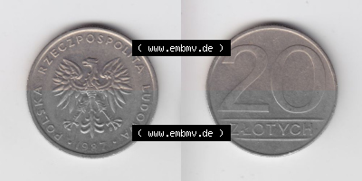 Münzen Polen Umlaufmünze 1984-1988, 20 Zlotych 1987, Bild mit Vollansicht als Bildmaterial Sammlung