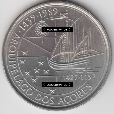 Münzen Portugal Gedenkmünze 1989-1989, 100 Escudos, Arouipelago Dos Acores, 1439-1989. Rückseite der portugiesischen Gedenkmünze... Sammlung