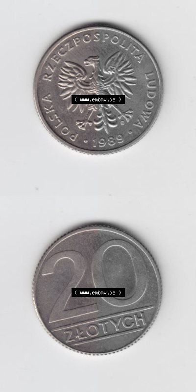 Münzen Polen Umlaufmünze 1989-1990, 20 Zlotych 1989, Münzseiten Untereinander als Bildmaterial Sammlung