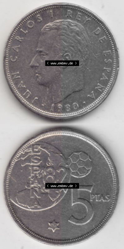 Münzen Spanien Umlaufmünze 1980-1980, 5 Peseten 1982, Münze aus Spanien -.-.-Bildmaterial des Münzbildes Sammlung
