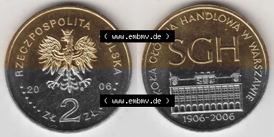 Münzen Polen Gedenkmünze 2006-2006, 2 Zloty, 100 Jahre Warschauer Hochschule für Wirtschaft, Bild mit Vollansicht als Bildmaterial Sammlung