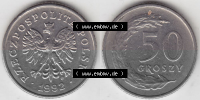 Münzen Polen Umlaufmünze 1990-2016, 50 Groszy 1992, Bild mit Vollansicht als Bildmaterial Sammlung