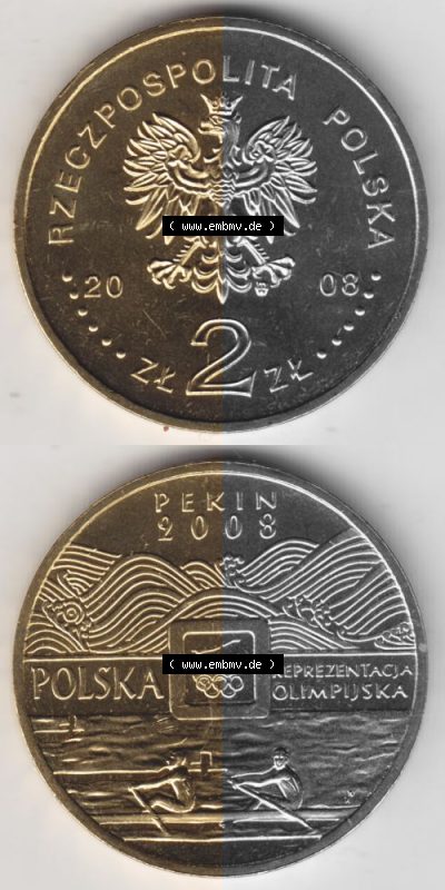 Münzen Polen Gedenkmünze 2008-2008, 2 Zloty, XXIX. Olympische Sommerspiele in Peking 2008, Münzseiten Untereinander als Bildmaterial Sammlung