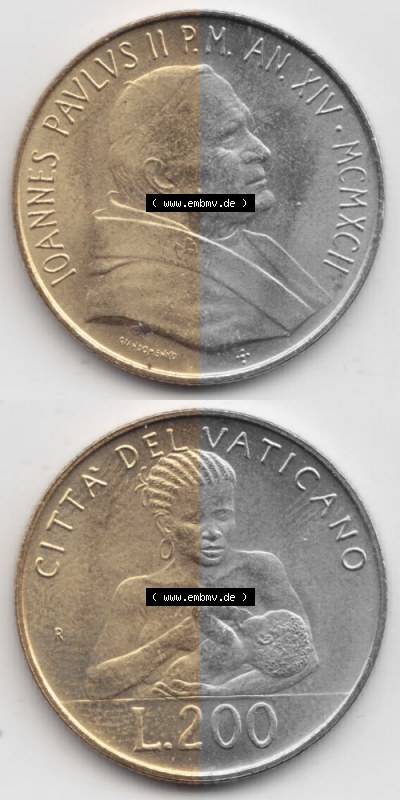 Münzen Vatikan / Vatikanstadt Umlaufmünze 1992-1992, 200 Lire Papst Giovanni Paolo II, Münzseiten Untereinander als Bildmaterial.... Sammlung