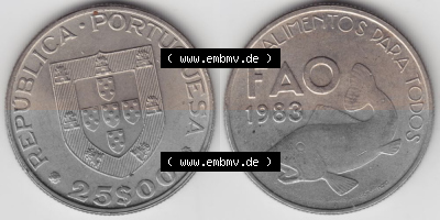 Münzen Portugal Gedenkmünze 1983-1983, 25 Escudo, FAO Alimentos Dara Todos. Vorderseite und Rückseite auf einen Bild/Foto der... Sammlung