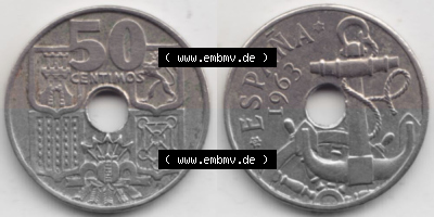 Münzen Spanien Umlaufmünze 1949-1963, 50 Centimos 1963, Bild mit Vollansicht als Bildmaterial Sammlung