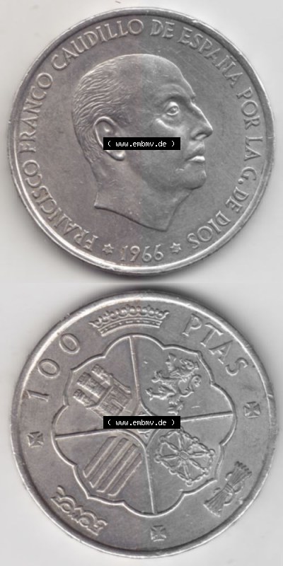 Münzen Spanien Umlaufmünze 1966-1966, 100 Peseten Silber, Münze aus Spanien, Umlaufmünze / aus Zahlungsverkehr mit Münzseiten... Sammlung