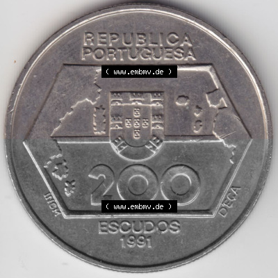 Münzen Portugal Gedenkmünze 1992-1992 200 Escudo, Navegagoes Para Ocidente 1452-1486. Vorderseite der Gedenkmünze aus Portugal... Sammlung