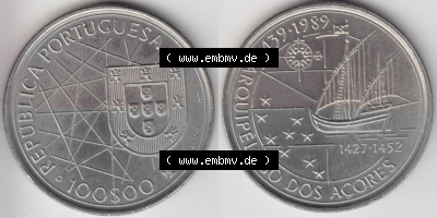 Münzen Portugal Gedenkmünze 1989-1989, 100 Escudos, Arouipelago Dos Acores, 1439-1989. Vorderseite und Rückseite auf einen... Sammlung
