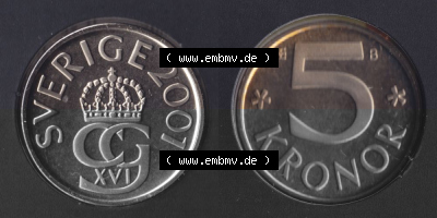 Münzen Schweden Umlaufmünze 1993-2009, 5 Kronen 2001 KMS, Bild mit Vollansicht als Bildmaterial Sammlung