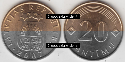 Münzen Lettland Umlaufmünze 1992-2009, 20 Santimu 2007, Bild mit horizontaler Vollansicht als Bildmaterial Sammlung