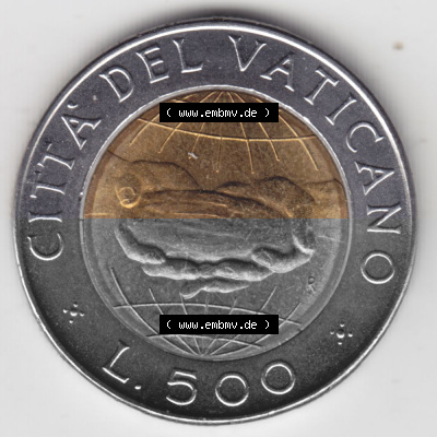 Münzen Vatikan / Vatikanstadt Umlaufmünze 1992-1992, 500 Lire Papst Giovanni Paolo II, Bild mit Rückseite der Münze als Bildmaterial.... Sammlung