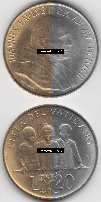 Münzen Vatikan / Vatikanstadt Umlaufmünze 1992-1992, 20 Lire Papst Giovanni Paolo II, Münzseiten Untereinander als Bildmaterial.... Sammlung