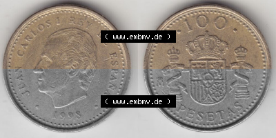 Münzen Spanien Umlaufmünze 1998-2000, 100 Pesetas - Peseten 1998, Bild mit Vollansicht als Bildmaterial Sammlung