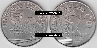 Münzen Portugal Gedenkmünze 1991-1991, 200 Escudos, Colombo E Portugal 1476-1485. Vorderseite und Rückseite auf einen Bild/Foto... Sammlung