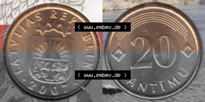 Münzen Lettland Umlaufmünze 1992-2009, 20 Centimes 2007, aus Münzensatz Bild mit horizontaler Vollansicht als Bildmaterial Sammlung
