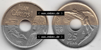 Münzen Spanien Umlaufmünze 1990-1991, 25 PTAS - Peseten 1991, Bild mit Vollansicht als Bildmaterial Sammlung
