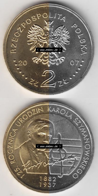 Münzen Polen Gedenkmünze 2007-2007, 2 Zloty, 125. Geburtstag von Karol Szymanowski, Münzseiten Untereinander als Bildmaterial Sammlung