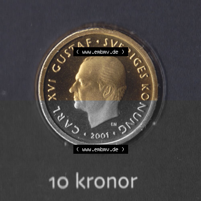 Münzen Schweden Umlaufmünze 2001-2009, 10 Kronen 2001 KMS, Bild mit Vorderseite der Münze als Bildmaterial Sammlung