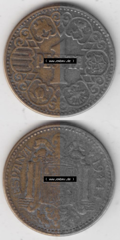Münzen Spanien Umlaufmünze 1944-1944, 1 Pesete 1944, Münze aus Spanien, Umlaufmünze / aus Zahlungsverkehr mit Münzseiten... Sammlung
