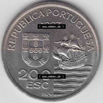 Münzen Portugal Gedenkmünze 1993-1993, 200 Escudos, Enviados Daimios Kiushu. Vorderseite der Gedenkmünze aus Portugal zum katalogisieren... Sammlung
