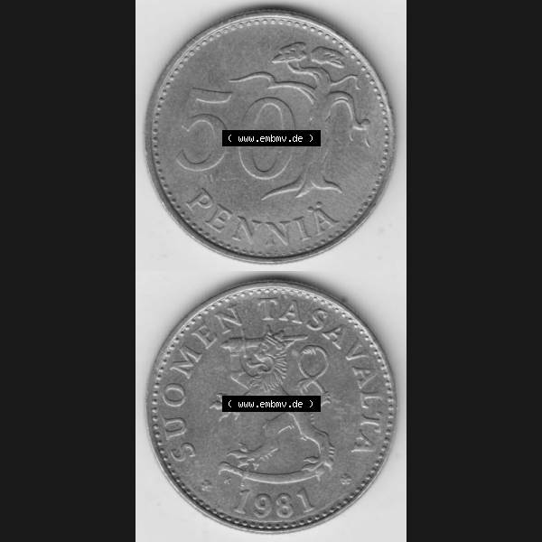 Grau bzw. s/w Münzen Finnland Umlaufmünze 1963-1990, 50 Penniä 1981. Vorderseite und Rückseite vertikal auf einen digitalen Bild der alten finnischen Umlaufmünze aus Finnland SUOMI... Sammlung Graustufen