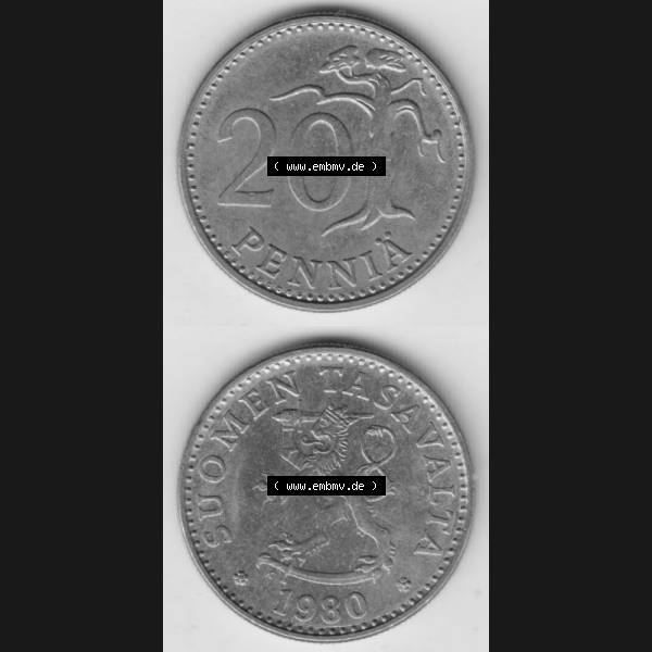 Grau bzw. s/w Münzen Finnland Umlaufmünze 1963-1990, 20 Penniä 1980. Vorderseite und Rückseite vertikal auf einen digitalen Bild der alten finnischen Umlaufmünze aus Finnland SUOMI... Sammlung Graustufen