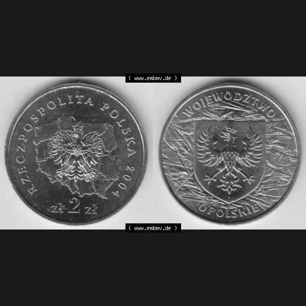 Grau bzw. s/w Münzen Polen Gedenkmünze 2004-2004, 2 Zloty, Woiwodschaft Oppeln, Bild mit Vollansicht als Bildmaterial Sammlung Graustufen