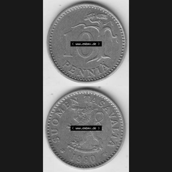 Grau bzw. s/w Münzen Finnland Umlaufmünze 1963-1982, 10 Penniä 1980. Vorderseite und Rückseite vertikal auf einen digitalen Bild der alten finnischen Umlaufmünze aus Finnland SUOMI... Sammlung Graustufen