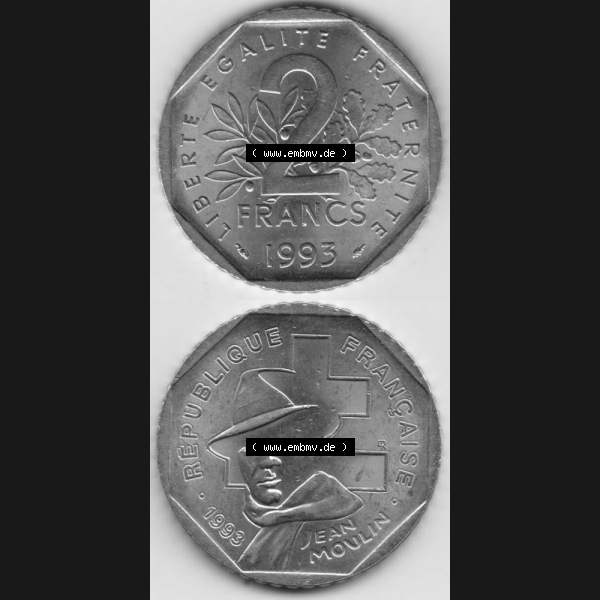 Grau bzw. s/w Münze Frankreich 1993-1993, 2 Francs Jean Moulin. Vorderseite und Rückseite vertikal auf einen digitalen Bild der alten französischen Umlaufmünze aus Frankreich in der... Sammlung Graustufen