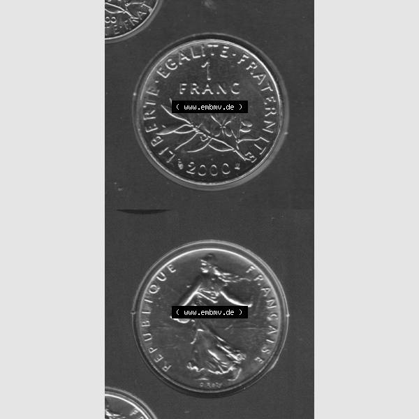 Grau bzw. s/w Münze Frankreich 2000, 1 Francs. Vorderseite und Rückseite vertikal auf einen digitalen Bild der alten französischen Umlaufmünze aus Frankreich in der Francs-Währung... Sammlung Graustufen