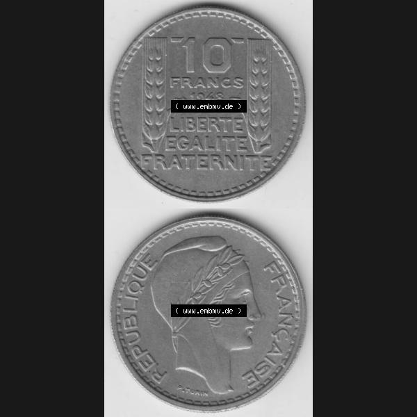 Grau bzw. s/w Münze Frankreich 1947-1949, 10 Francs, Franken 1948. Vorderseite und Rückseite vertikal auf einen digitalen Bild der alten französischen Umlaufmünze aus Frankreich... Sammlung Graustufen