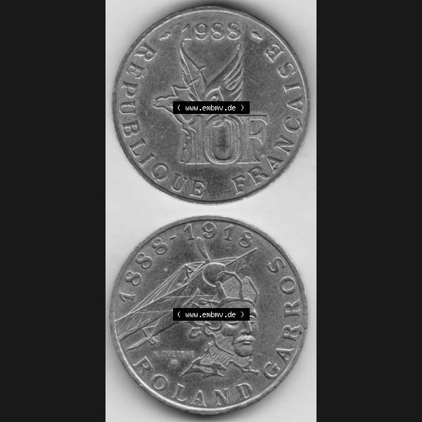 Grau bzw. s/w Münze Frankreich 1988-1988, 10 Francs Roland Garros. Vorderseite und Rückseite vertikal auf einen digitalen Bild der alten französischen Umlaufmünze aus Frankreich in der... Sammlung Graustufen