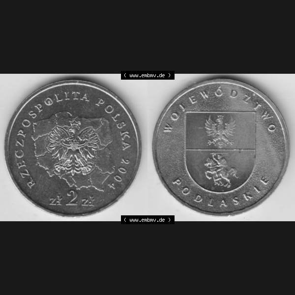 Grau bzw. s/w Münzen Polen Gedenkmünze 2004-2004, 2 Zloty Woiwodschaft Podlachien, Münzseiten Untereinander als Bildmaterial Sammlung Graustufen