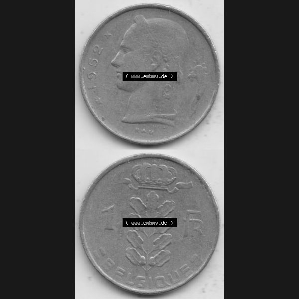 Grau bzw. s/w Münzen Belgien Umlaufmünze 1950-1988, 1 Francs-Franken 1952 Belgique. Vorderseite und Rückseite vertikal auf einen digitalen Bild der alten belgischen Francs Umlaufmünze... Sammlung Graustufen