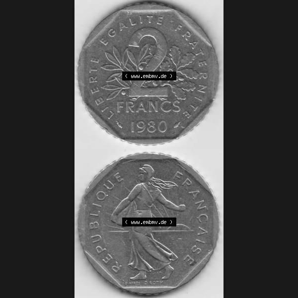 Grau bzw. s/w Münze Frankreich 1979-2001, 2 Francs Säerin Semeuse. Vorderseite und Rückseite vertikal auf einen digitalen Bild der alten französischen Umlaufmünze aus Frankreich... Sammlung Graustufen