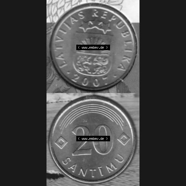 Grau bzw. s/w Münzen Lettland Umlaufmünze 1992-2009, 20 Centimes 2007, Münze aus Münzensatz, Münzseiten Vertikal für Mobile-Geräte als Bildmaterial Sammlung Graustufen