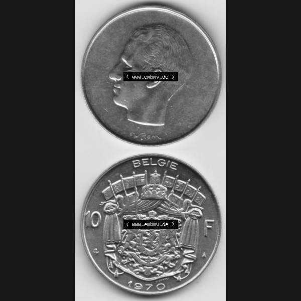 Grau bzw. s/w Münzen Belgien Umlaufmünze 1969-1979, 10 Francs Belgie. Vorderseite und Rückseite vertikal auf einen digitalen Bild der alten belgischen Francs Umlaufmünze aus Belgien... Sammlung Graustufen