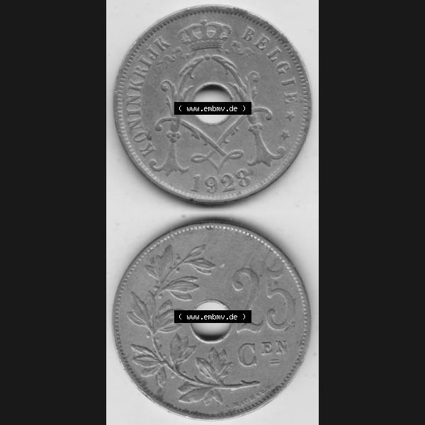 Grau bzw. s/w Münzen Belgien Umlaufmünze 1910-1929, 25 Cen, 1928 Centimes Koninkrijk Belgie. Vorderseite und Rückseite vertikal auf einen digitalen Bild der alten belgischen Francs... Sammlung Graustufen