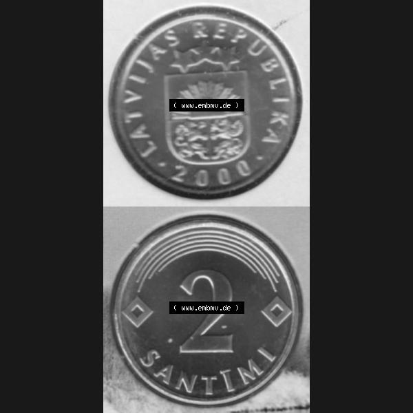 Grau bzw. s/w Münzen Lettland Umlaufmünze 1992-2009, 2 Centimes 2000, Münze aus Münzensatz, Münzseiten Vertikal für Mobile-Geräte als Bildmaterial Sammlung Graustufen