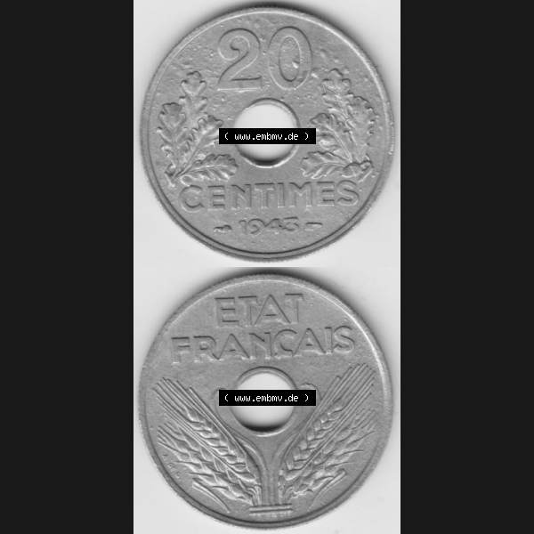 Grau bzw. s/w Münze Frankreich 1941-1944, 20 Centimes, Cent 1943. Vorderseite und Rückseite vertikal auf einen digitalen Bild der alten französischen Umlaufmünze aus Frankreich... Sammlung Graustufen