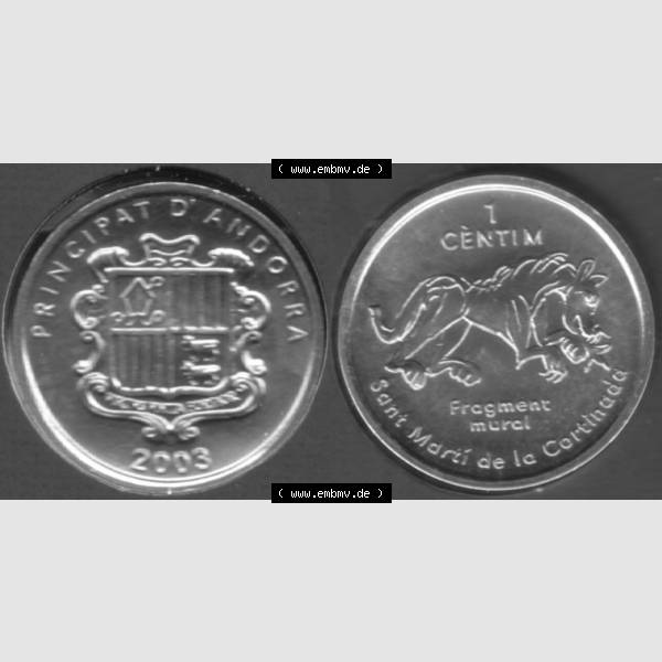 Grau bzw. s/w Münzen Andorra Sammlermünze aus KMS 2003, 1 Centime, Església Sant Martí de la Cortinada. Vorderseite und Rückseite horizontal auf einen digitalen Bild der... Sammlung Graustufen